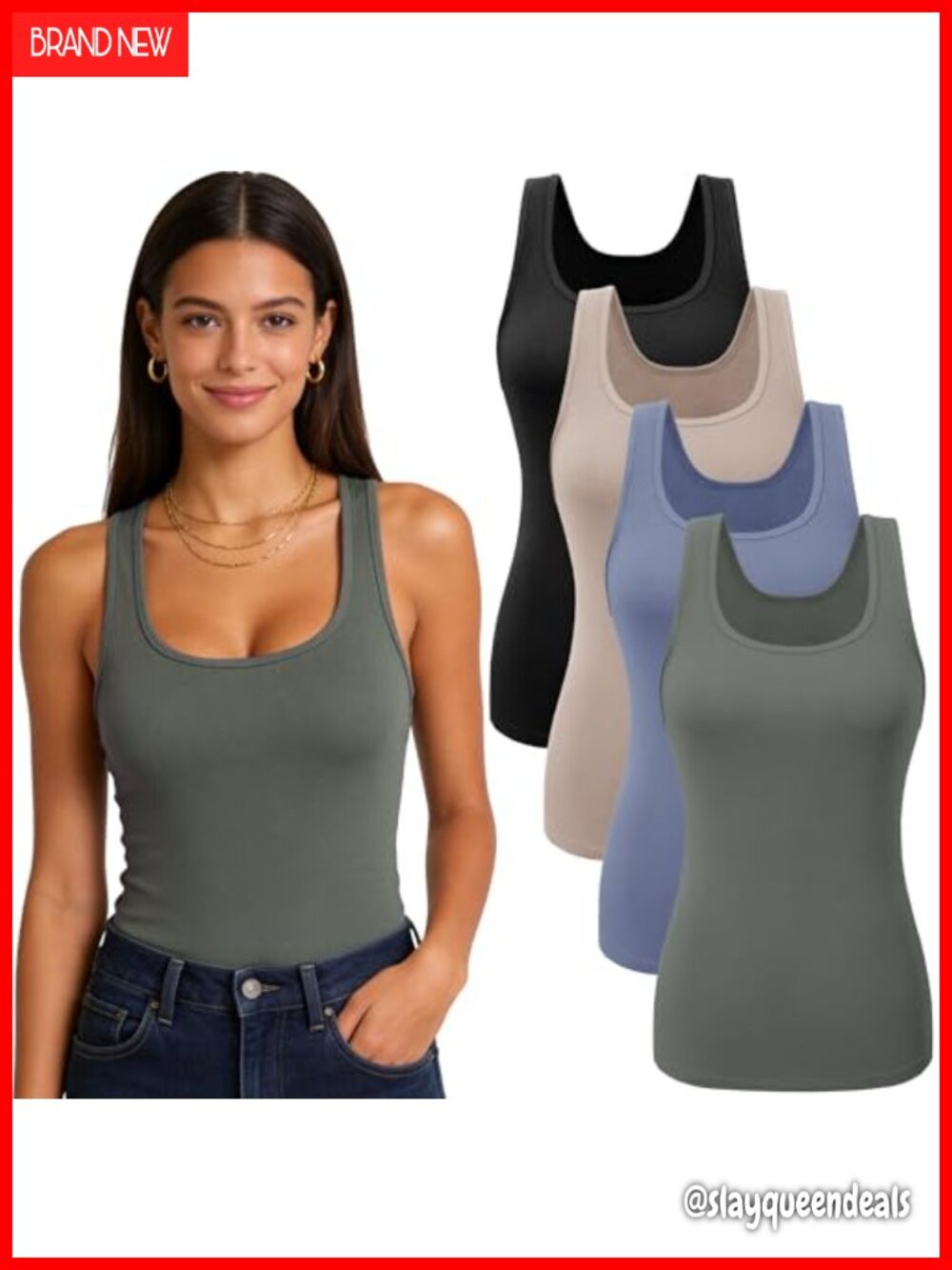 4 Pack Women's Scoop Neck Wide Strap Tank Tops Soft Stretch Layering